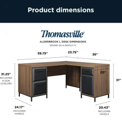 Thomasville Alderbrook 60"W L-Shaped Corner Desk With Integrated Power Outlet, Walnut/Matte Black