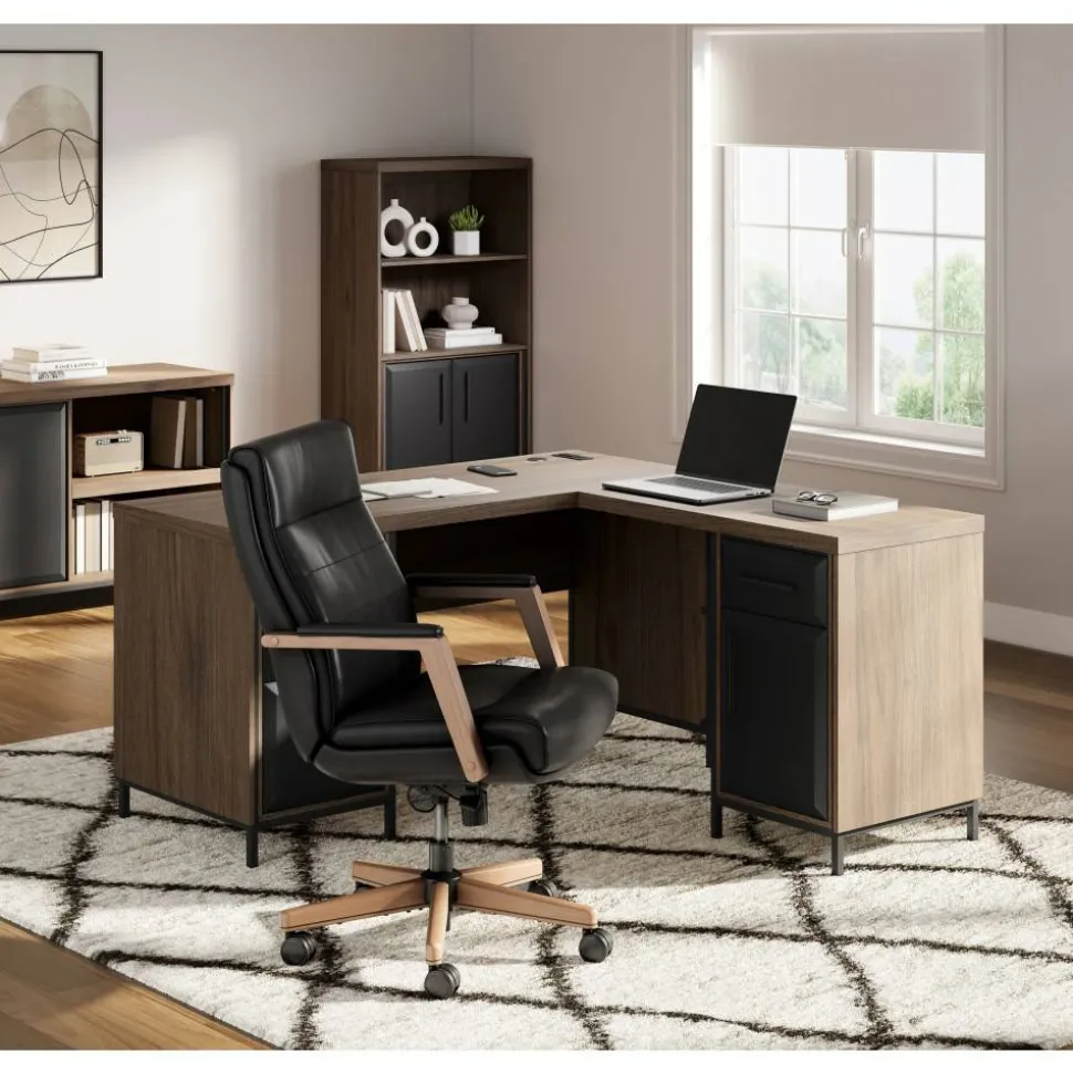 Thomasville Alderbrook 60"W L-Shaped Corner Desk With Integrated Power Outlet, Walnut/Matte Black