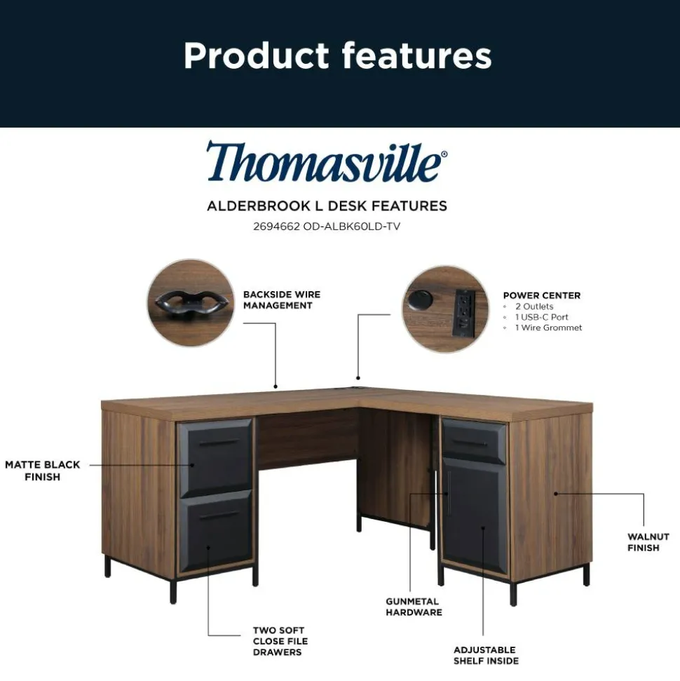 Thomasville Alderbrook 60"W L-Shaped Corner Desk With Integrated Power Outlet, Walnut/Matte Black