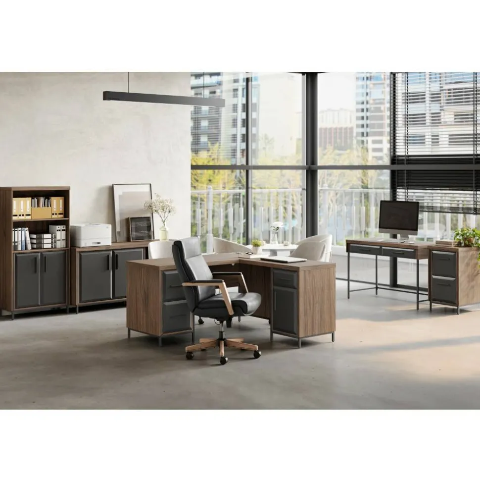 Thomasville Alderbrook 60"W L-Shaped Corner Desk With Integrated Power Outlet, Walnut/Matte Black