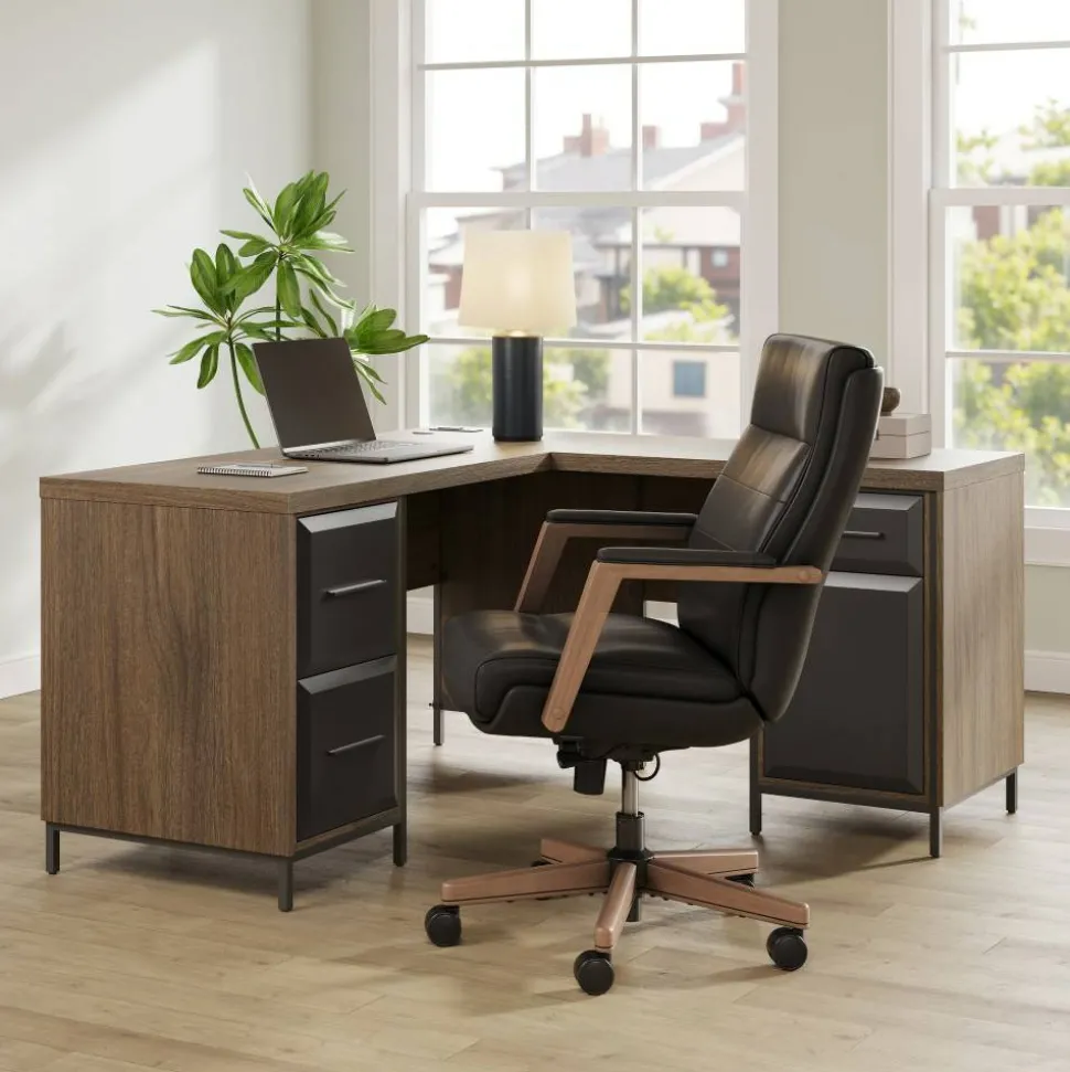 Thomasville Alderbrook 60"W L-Shaped Corner Desk With Integrated Power Outlet, Walnut/Matte Black
