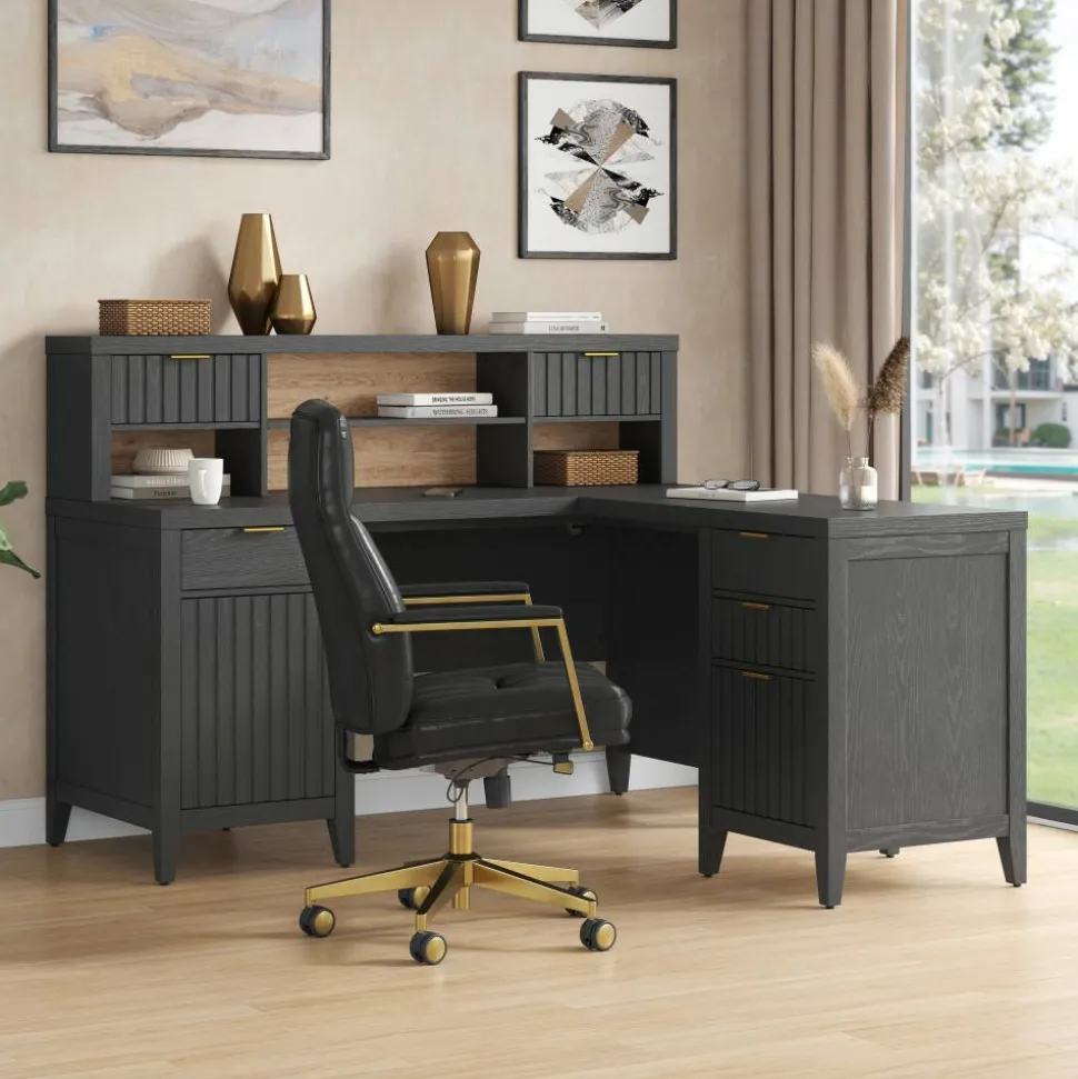 Thomasville Rivington 60"W L-Shaped Corner Desk & Hutch With Integrated Power Outlet, Raven Black