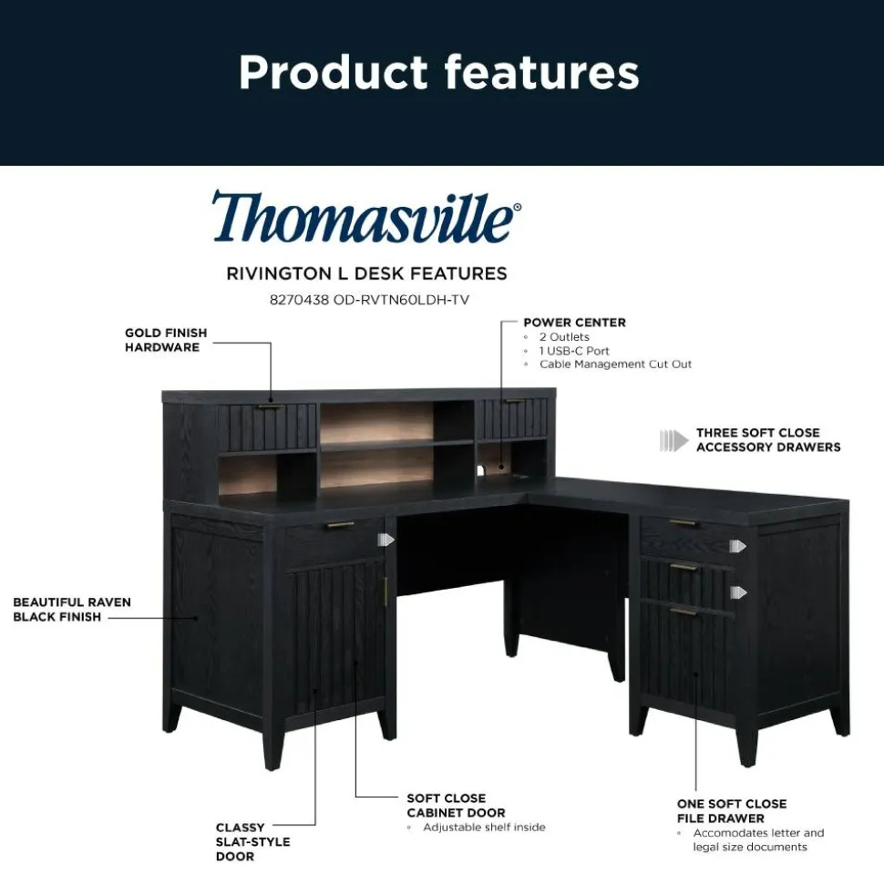 Thomasville Rivington 60"W L-Shaped Corner Desk & Hutch With Integrated Power Outlet, Raven Black
