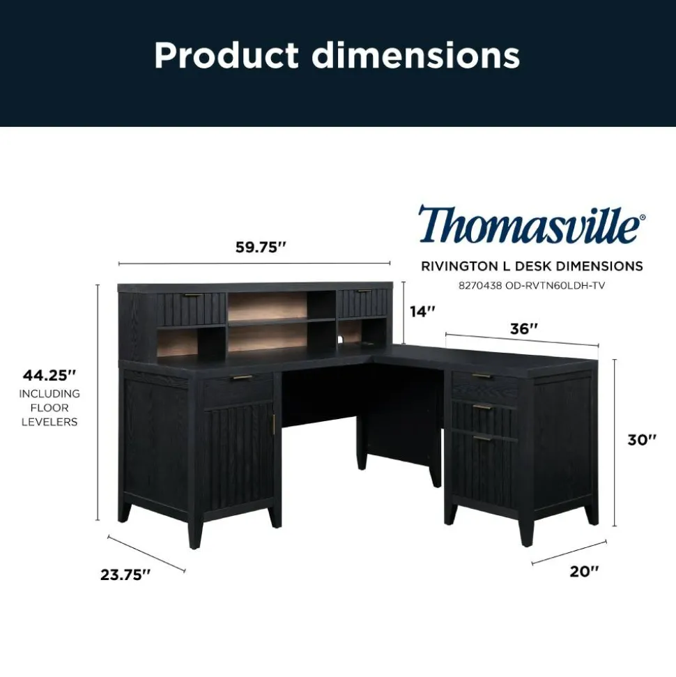 Thomasville Rivington 60"W L-Shaped Corner Desk & Hutch With Integrated Power Outlet, Raven Black