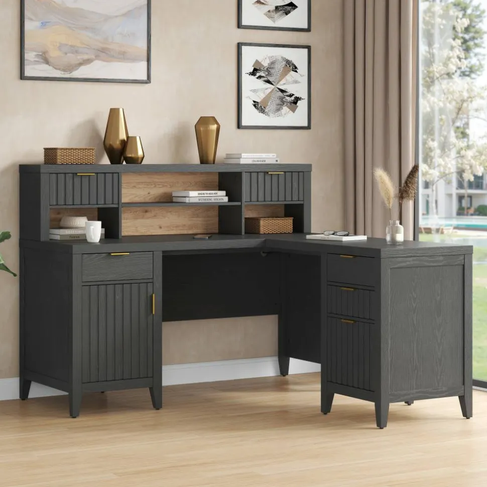 Thomasville Rivington 60"W L-Shaped Corner Desk & Hutch With Integrated Power Outlet, Raven Black