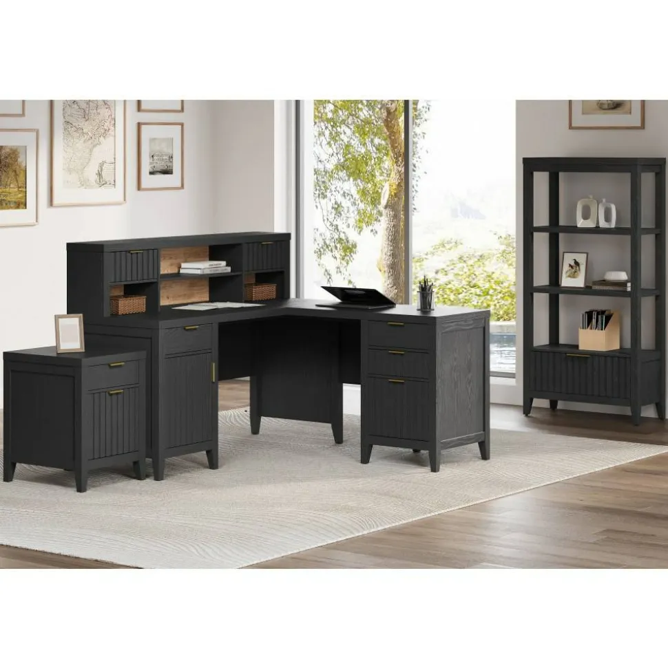 Thomasville Rivington 60"W L-Shaped Corner Desk & Hutch With Integrated Power Outlet, Raven Black