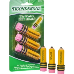 TICONDEROGA Erasers, Pencil Shaped, Yellow, 3 ct (38953)