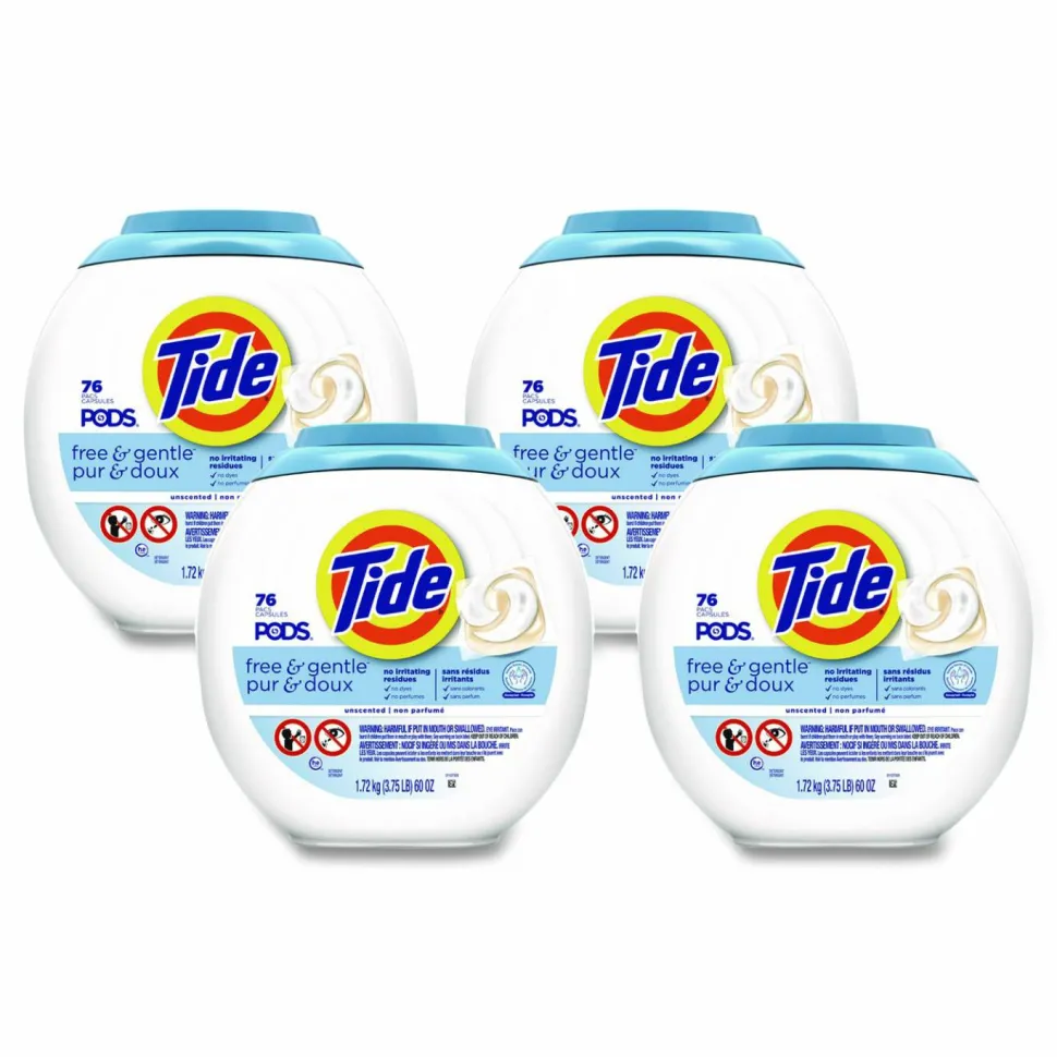 Tide PODS Laundry Detergent, Free and Gentle, HE Compatible, 56 oz Tub, 76 Pacs/Tub, 4 Tubs/Carton
