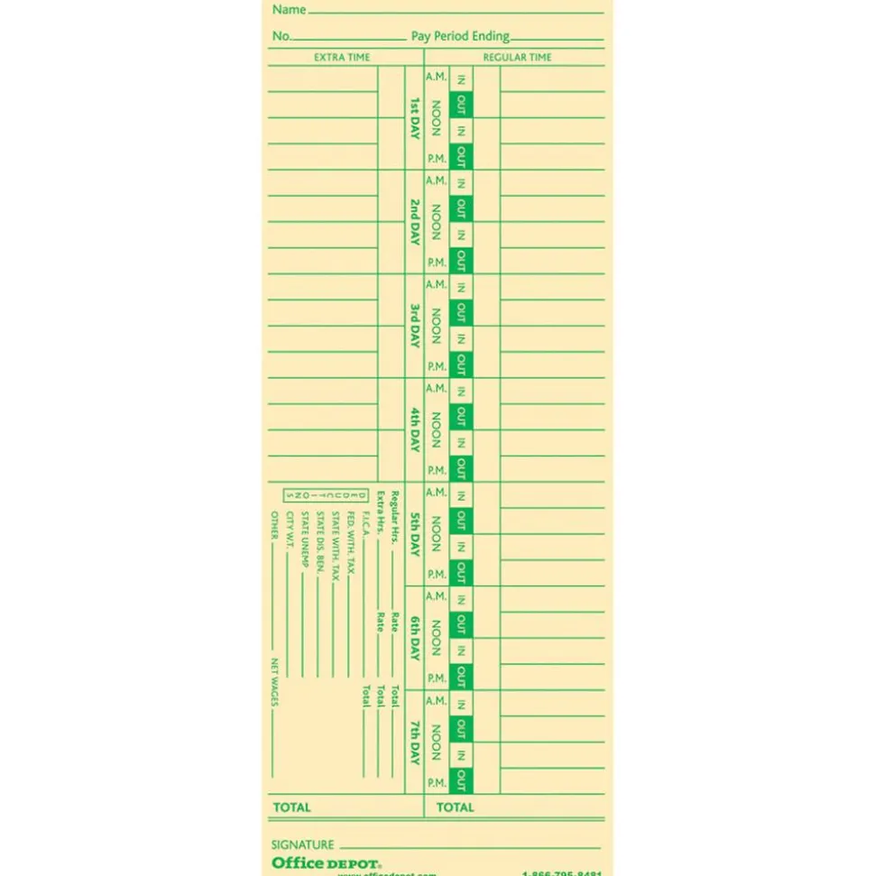 Time Cards, Biweekly, Days 1–7, 2-Sided, 3 3/8" x 8 7/8", Manila, Pack Of 100