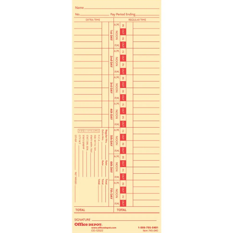 Time Cards, Biweekly, Days 1–7, 2-Sided, 3 3/8" x 8 7/8", Manila, Pack Of 100