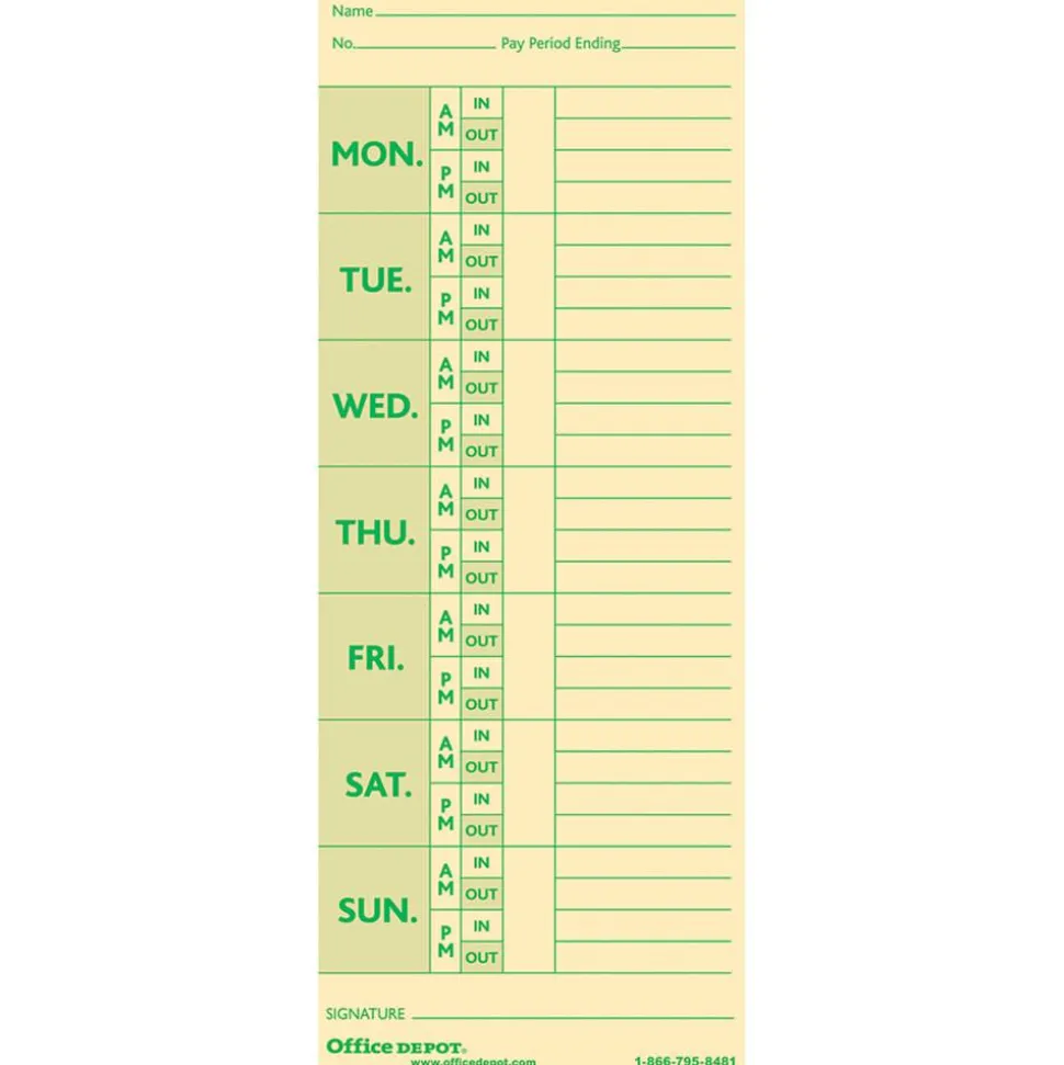 Time Cards With Deductions, Weekly, Monday–Sunday Format, 2-Sided, 3 3/8" x 8 7/8", Manila, Pack Of 100