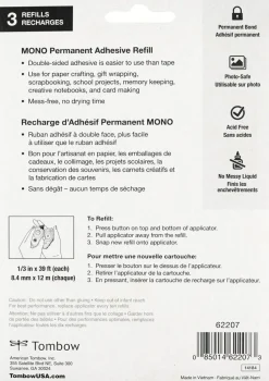 Tombow Mono Permanent Adhesive Applicator Refill, 0.33" x 39.33', Clear, Pack Of 3