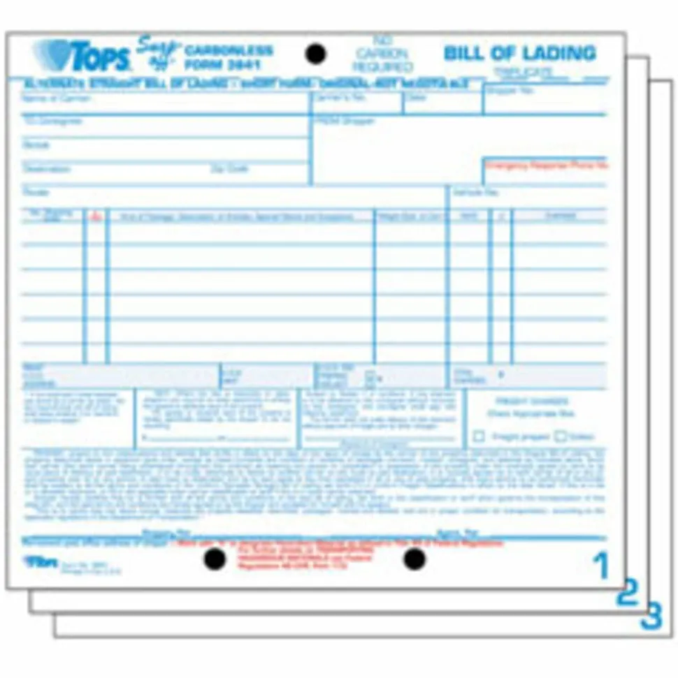 TOPS Bills of Lading Snap-Off Sets - 3 Part - Carbonless Copy - 8.50" x 7.44" Sheet Size - White Sheet(s) - Blue, Red Print Color - 1 Pack