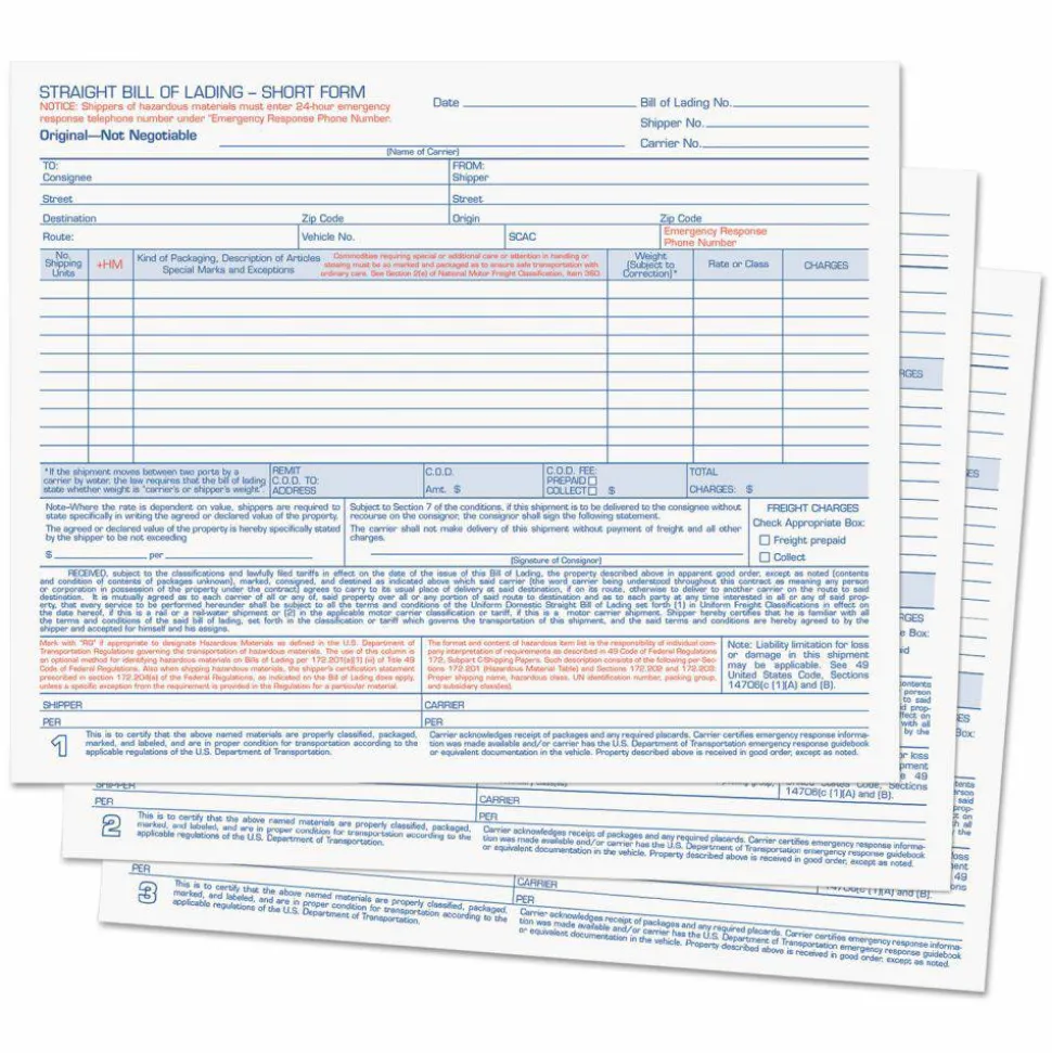 TOPS Bills of Lading Snap-Off Sets - 3 Part - Carbonless Copy - 8.50" x 7.44" Sheet Size - White Sheet(s) - Blue, Red Print Color - 1 Pack