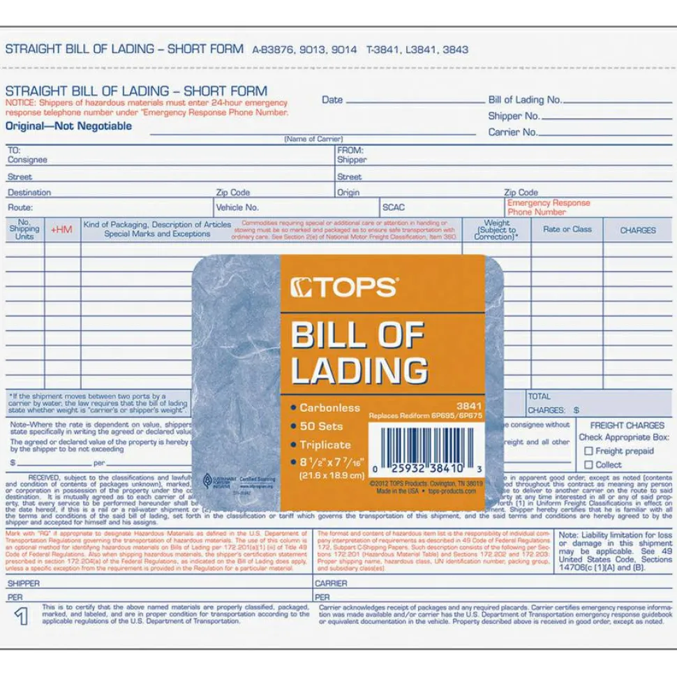 TOPS Bills of Lading Snap-Off Sets - 3 Part - Carbonless Copy - 8.50" x 7.44" Sheet Size - White Sheet(s) - Blue, Red Print Color - 1 Pack