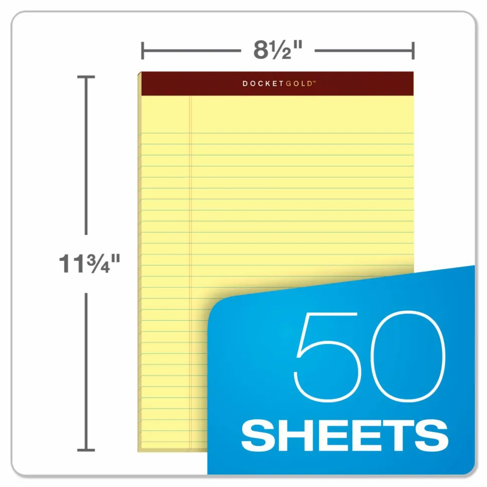 TOPS Docket Gold Premium Writing Pads, 8 1/2" x 11 3/4", Legal Ruled, 50 Sheets, Canary, Pack Of 12 Pads