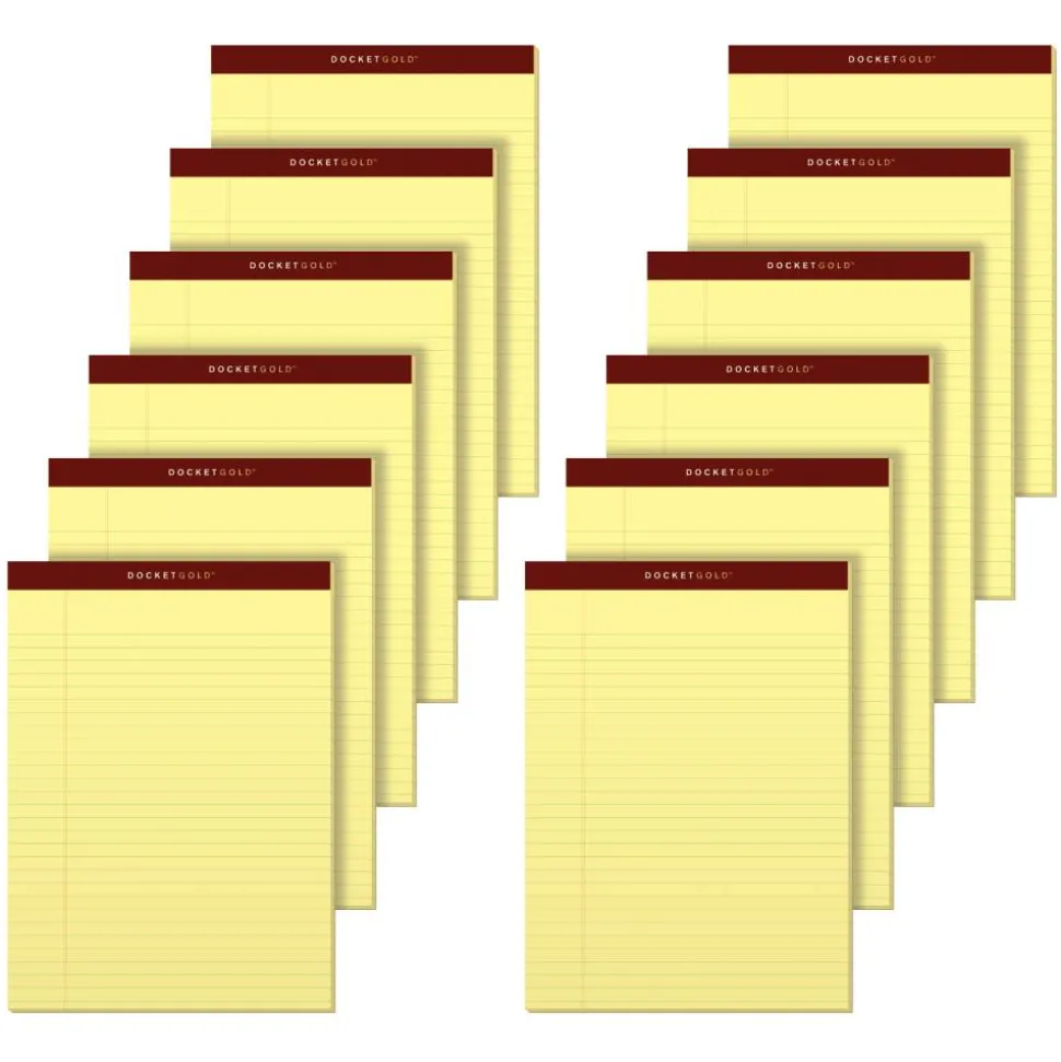 TOPS Docket Gold Premium Writing Pads, 8 1/2" x 11 3/4", Legal Ruled, 50 Sheets, Canary, Pack Of 12 Pads
