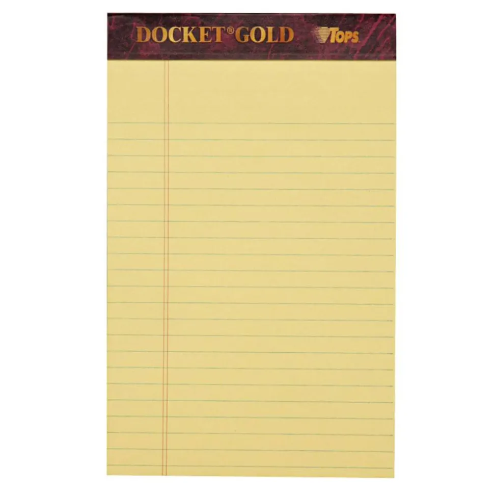 TOPS Docket Gold Premium Writing Pads, 5" x 8", Jr. Legal Rule, Canary, 50 Sheets Per Pad, Pack Of 6 Pads