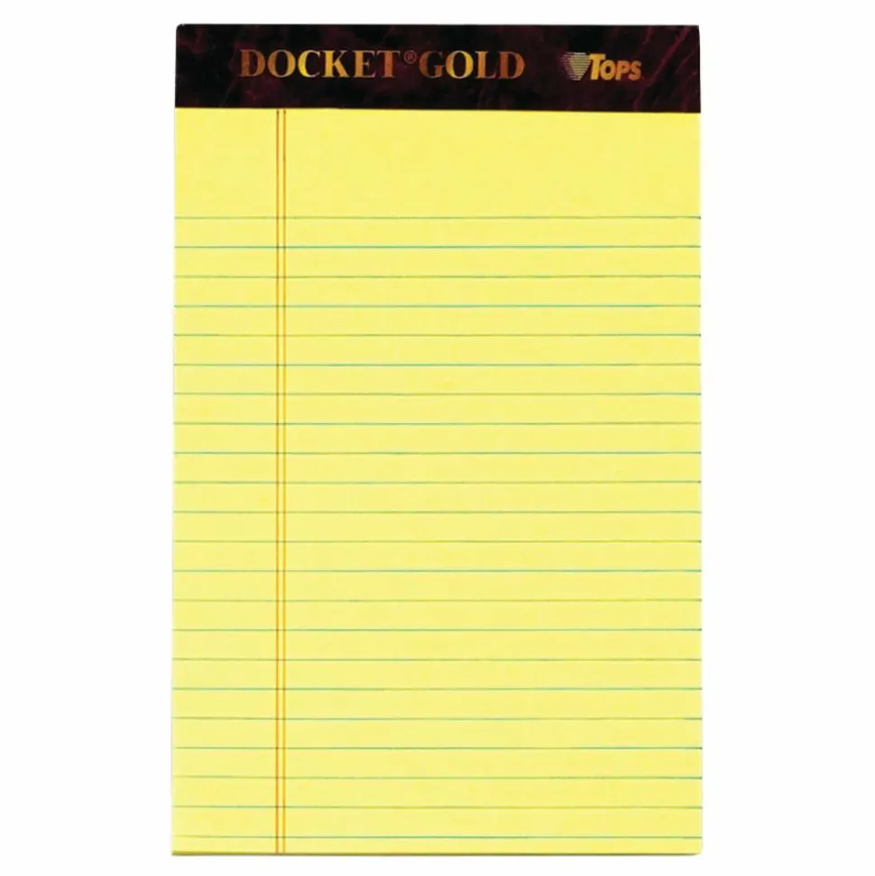 TOPS Docket Gold Premium Writing Pads, 5" x 8", Jr. Legal Rule, Canary, 50 Sheets Per Pad, Pack Of 6 Pads