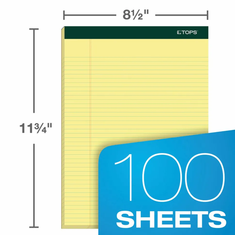 TOPS Double Docket Writing Pads, 8 1/2" x 11 3/4", Narrow Ruled, 100 Sheets, Canary, Pack Of 6 Pads