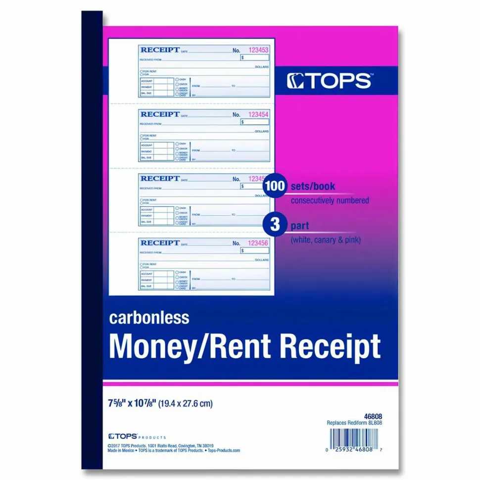 TOPS Manifold Receipt Book, 3-Part, 7 5/8" x 11", White/Canary/Pink