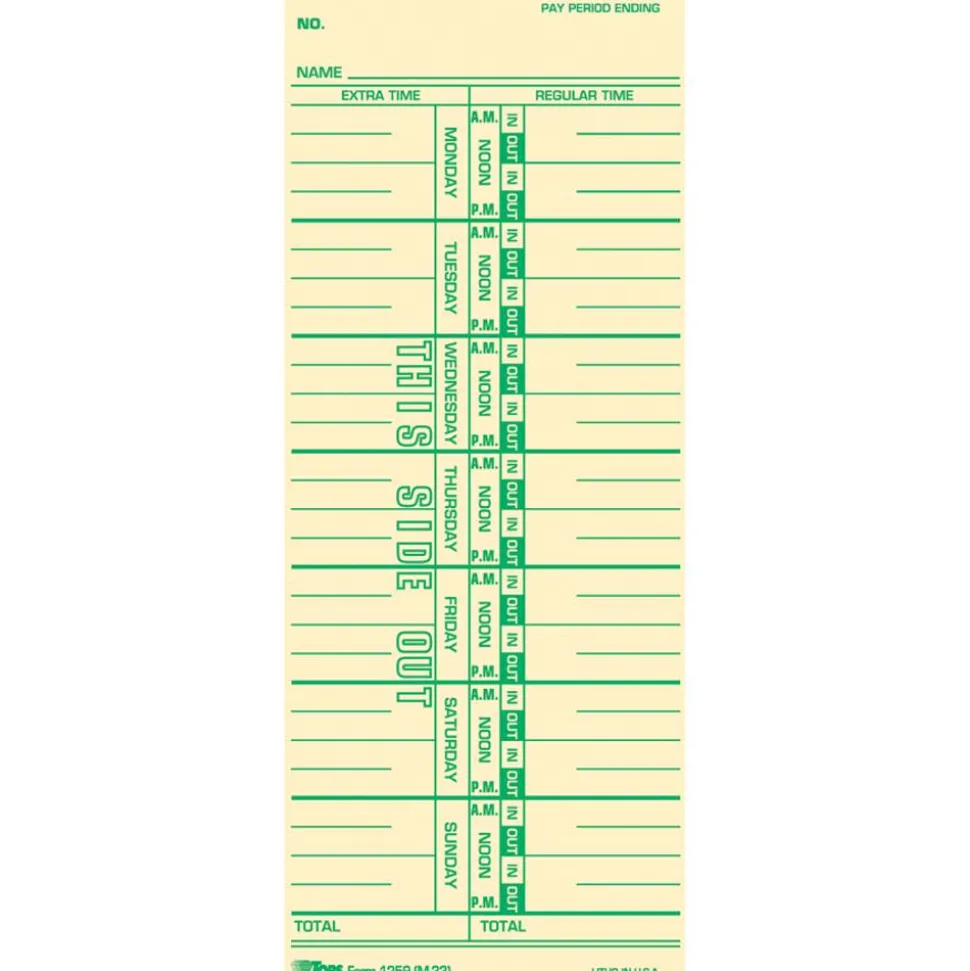 TOPS Named Days Time Cards - 3 1/2" x 9" Sheet Size - Manila Sheet(s) - Green Print Color - 100 / Pack