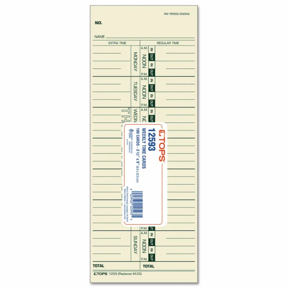 TOPS Named Days Time Cards - 3 1/2" x 9" Sheet Size - Manila Sheet(s) - Green Print Color - 100 / Pack