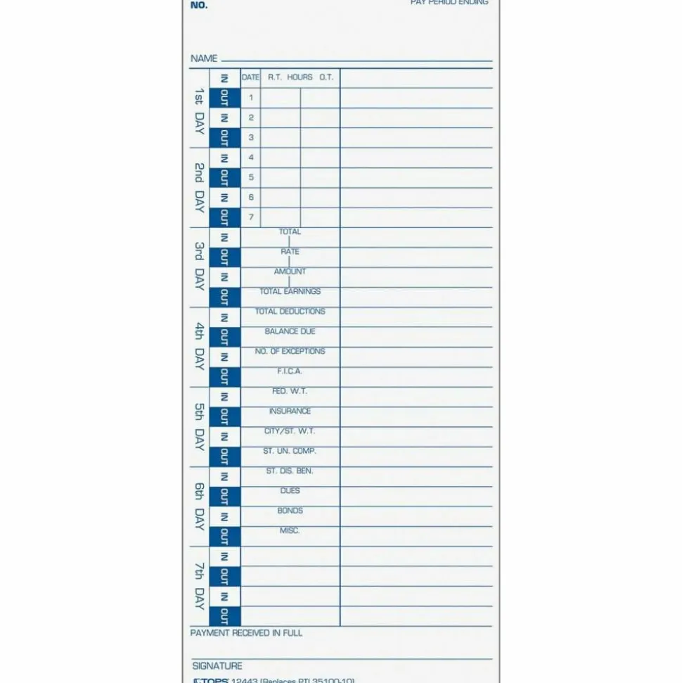 TOPS One-Side Weekly Time Cards - 4" x 9" Sheet Size - White Sheet(s) - Blue Print Color - 100 / Pack