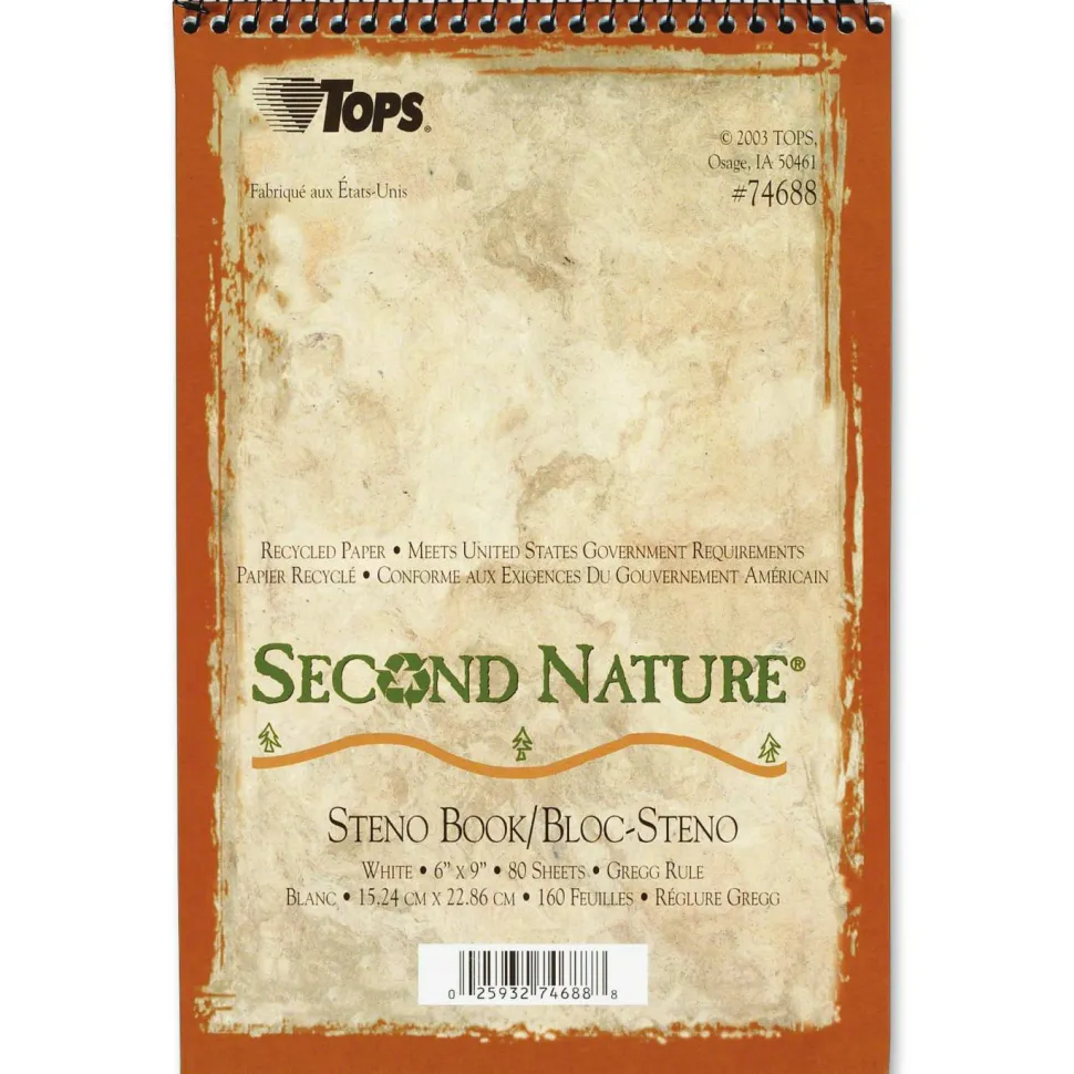 TOPS Second Nature Steno Books, 6" x 9", Gregg Ruled, 160 Pages (80 Sheets), 100% Recycled, White