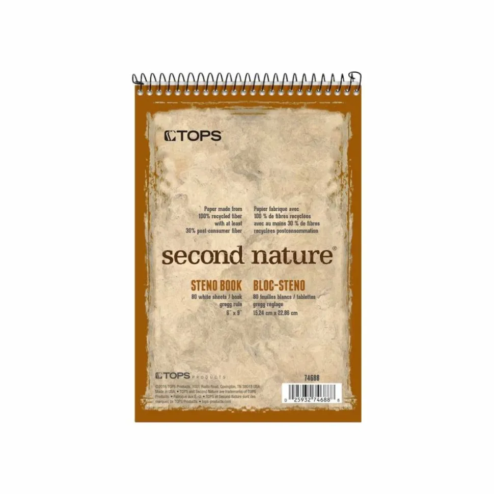 TOPS Second Nature Steno Books, 6" x 9", Gregg Ruled, 160 Pages (80 Sheets), 100% Recycled, White