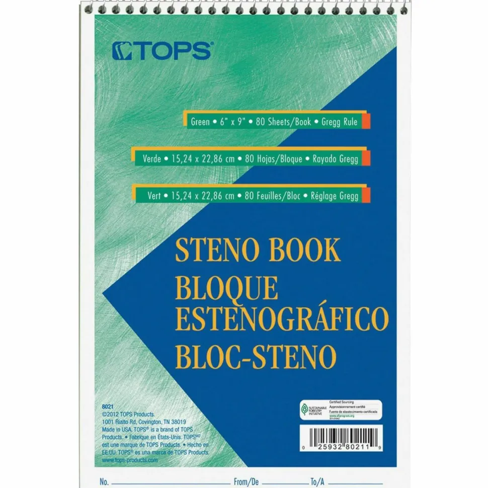 TOPS Steno Books, 6" x 9", Gregg Ruled, 80 Sheets, Green, Pack Of 12