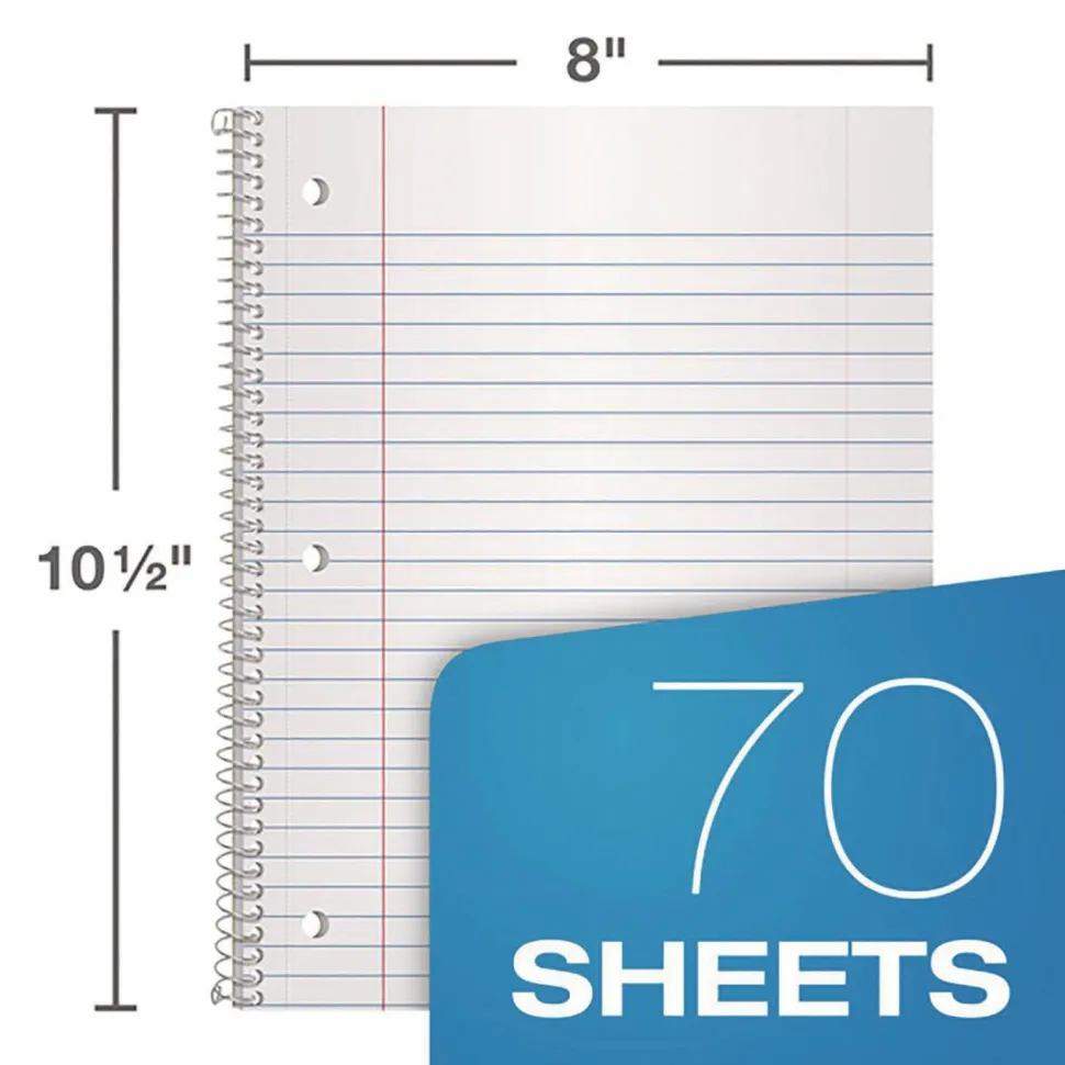 TOPS 1-Subject Spiral Notebook, Wide Rule, Perforated, 10 1/2" x 8", 70 Sheets, Assorted Colors