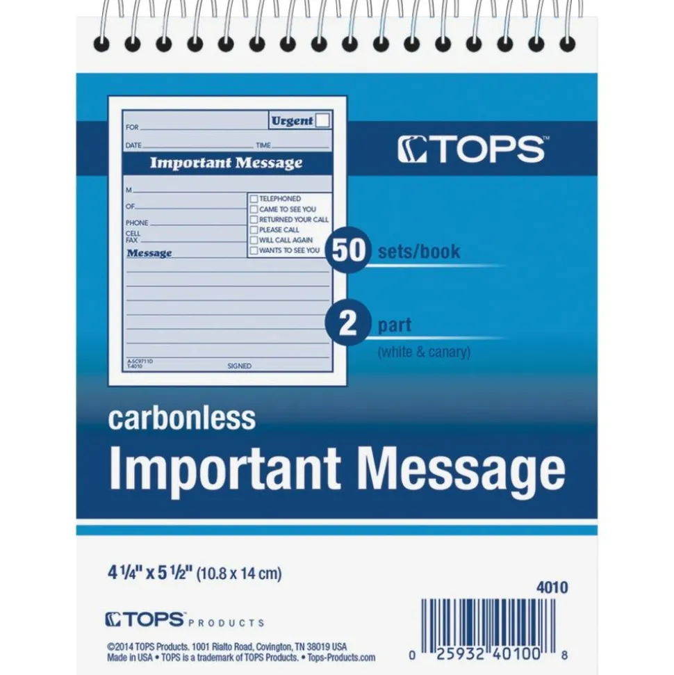 TOPS Telephone Message Book with Fax/Mobile Section, Two-Part Carbonless, 4.25 x 5.5, 50 Forms Total