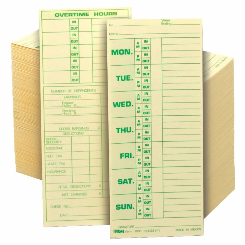TOPS Time Cards (Replaces Original Card 331-10), Named Days, 2-Sided, 8 1/2" x 3 1/2", Box Of 500