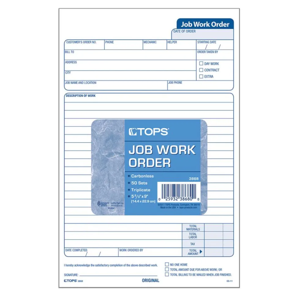 TOPS Triplicate Carbonless Job Work Orders, 5 1/2" x 8 1/2", Pack Of 50 Forms