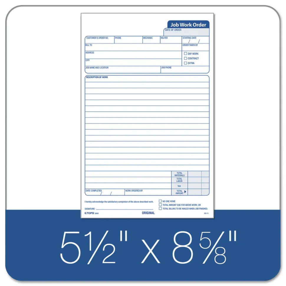 TOPS Triplicate Carbonless Job Work Orders, 5 1/2" x 8 1/2", Pack Of 50 Forms