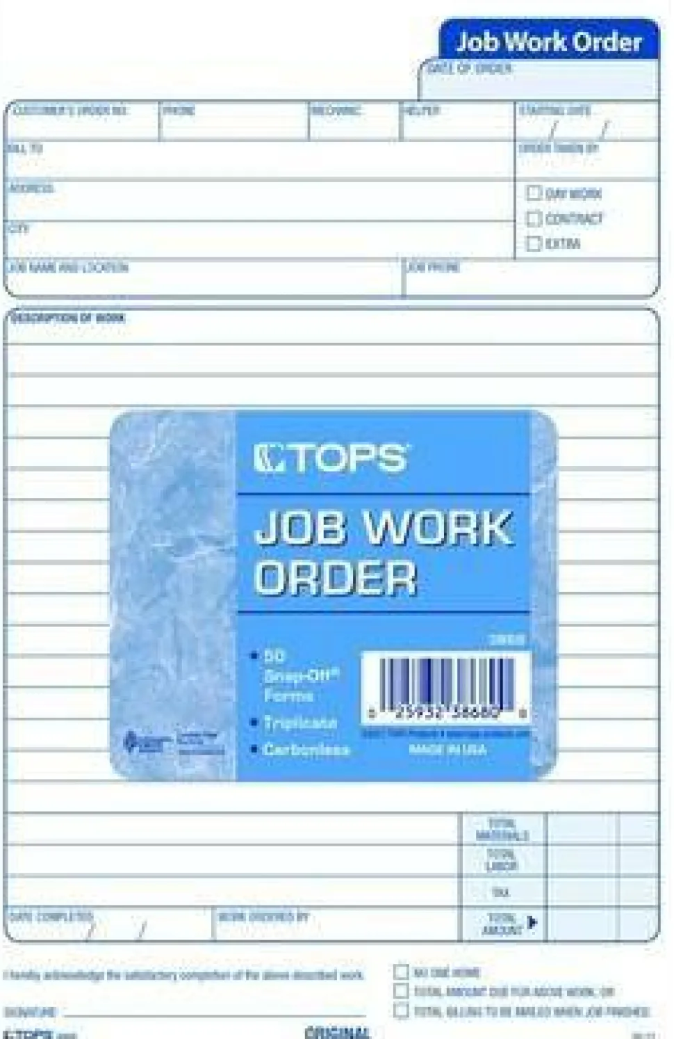 TOPS Triplicate Carbonless Job Work Orders, 5 1/2" x 8 1/2", Pack Of 50 Forms