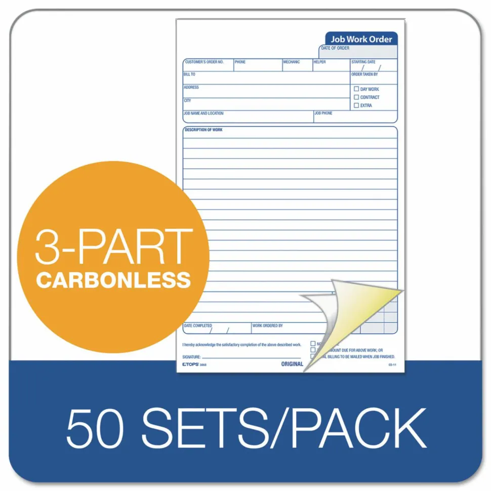 TOPS Triplicate Carbonless Job Work Orders, 5 1/2" x 8 1/2", Pack Of 50 Forms