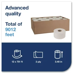 Tork Advanced Jumbo Bath Tissue, Septic Safe, 2-Ply, 3.48" x 751 ft, White, 12 Rolls/Carton