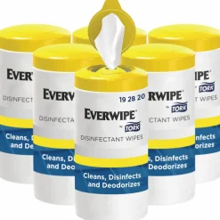 Tork Everwipe by Tork Disinfectant Wipe Canisters, 1-Ply, 7 x 7, Lemon, White, 75 Sheets/Canister, 6/Carton