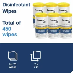 Tork Everwipe by Tork Disinfectant Wipe Canisters, 1-Ply, 7 x 7, Lemon, White, 75 Sheets/Canister, 6/Carton