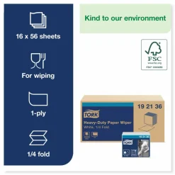 Tork Heavy-Duty Paper Wiper 1/4 Fold, 1-Ply, 12.5 x 13, White, 56/Pack, 16 Packs/Carton
