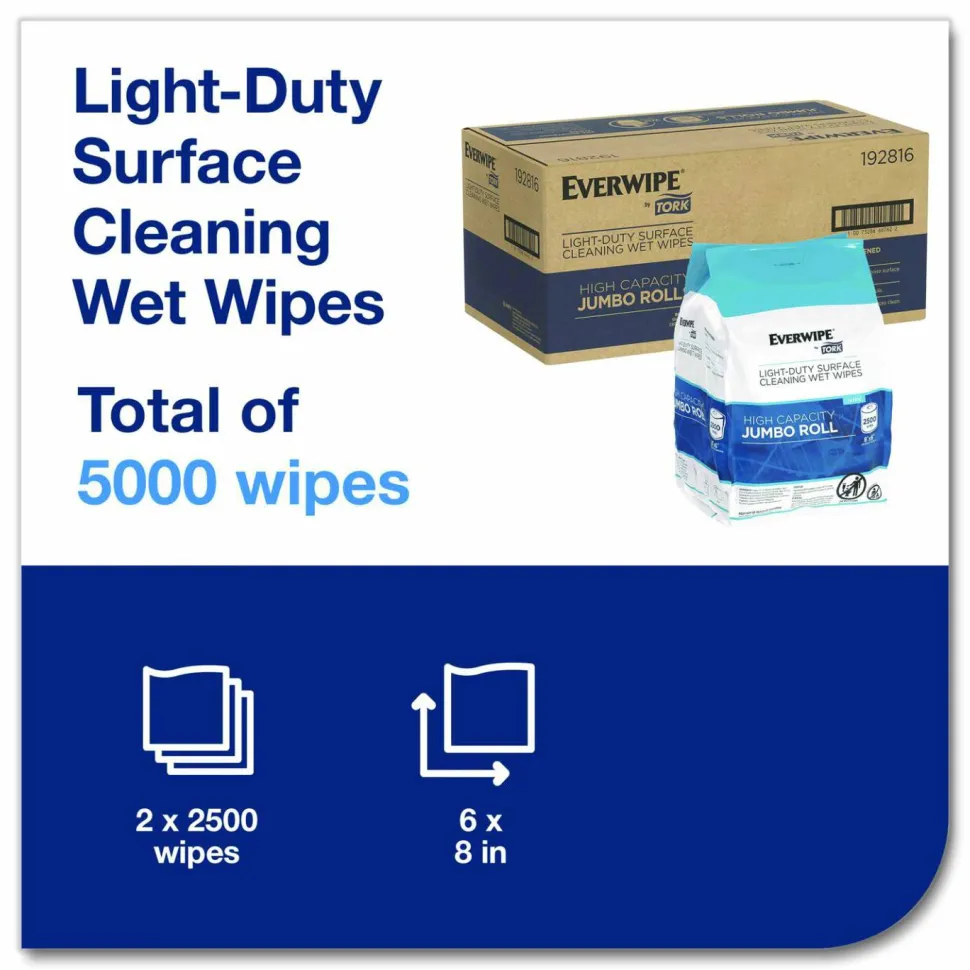 Tork Light-Duty Surface Cleaning Wet Wipe, 1-Ply, 8 x 6, Unscented, White, 2,500 Sheets/Roll, 2 Rolls/Carton