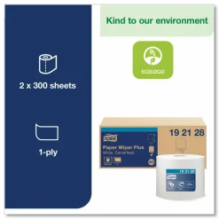 Tork Paper Wiper Plus, 9.8 x 15.2, White, 300/Roll, 2 Rolls/Carton
