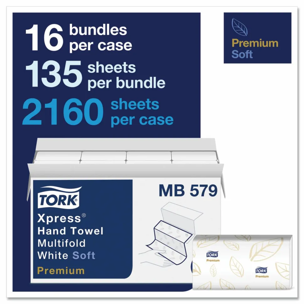 Tork Premium Soft Xpress 3-Panel Multifold Hand Towels, 2-Ply, 9.13 x 9.5, White/Blue Leaf, 135/Packs, 16 Packs/Carton