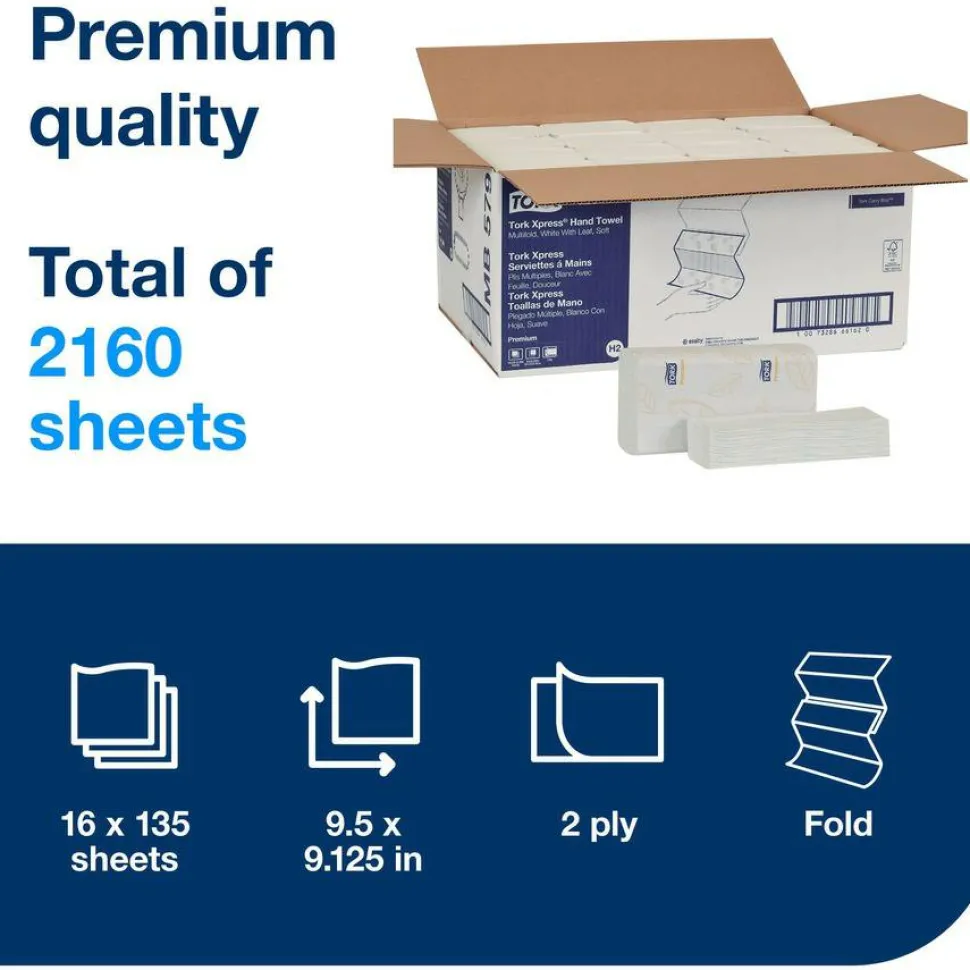 Tork Premium Soft Xpress 3-Panel Multifold Hand Towels, 2-Ply, 9.13 x 9.5, White/Blue Leaf, 135/Packs, 16 Packs/Carton