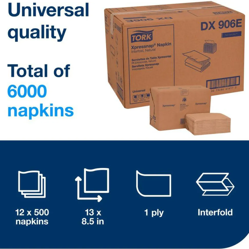 Tork Xpressnap Interfold Dispenser Napkins, 1-Ply, Bag-Pack, 13 x 8.5, Natural, 500/Pack, 12 Packs/Carton