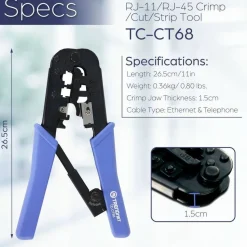 TRENDnet Crimping Tool, Crimp, Cut, And Strip Tool, For Any Ethernet or Telephone Cable, Built-In Cutter And Stripper, 8P-RJ-45 And 6P-RJ-12, RJ-11, All Steel Construction, Black, TC-CT68