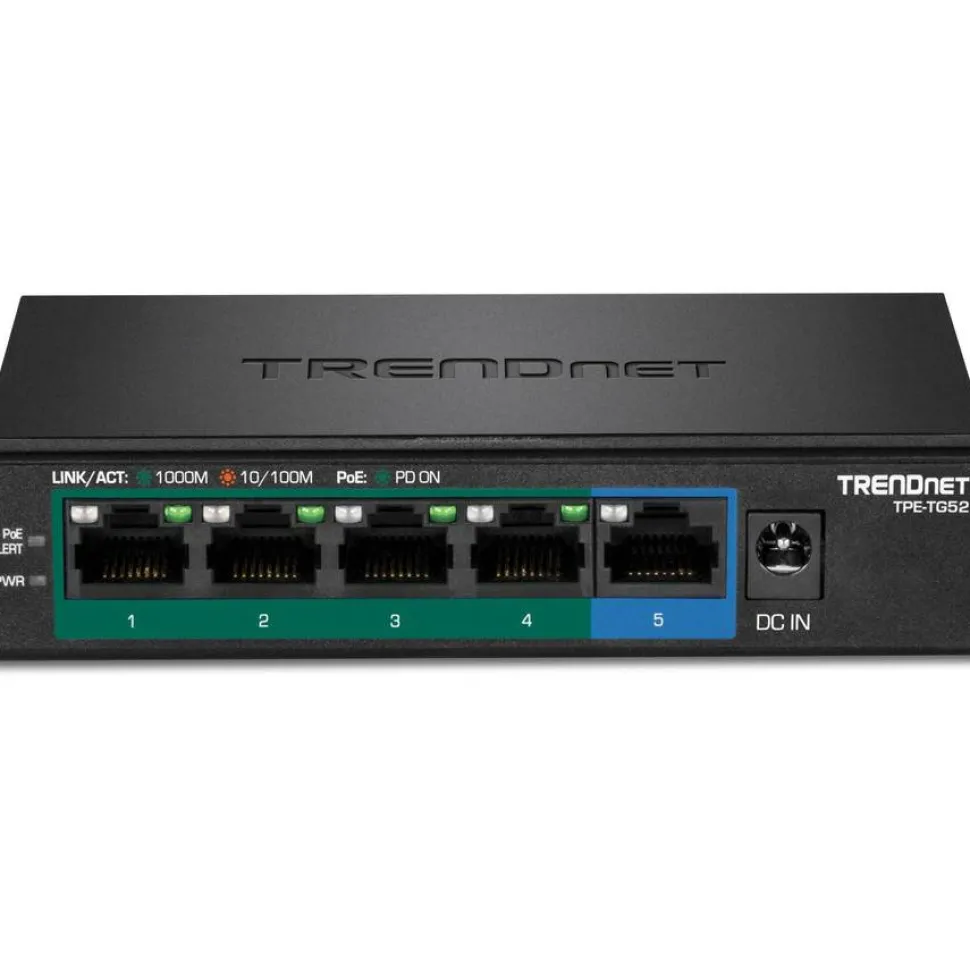 TRENDnet 5-Port Gigabit PoE+ Switch, 32W PoE Power Budget, 10Gbps Switching Capacity, IEEE 802.1p QoS, DSCP Pass-Through Support, Fanless, Wall Mountable, Lifetime Protection, Black, TPE-TG52