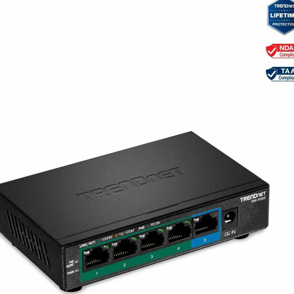 TRENDnet 5-Port Gigabit PoE+ Switch, 32W PoE Power Budget, 10Gbps Switching Capacity, IEEE 802.1p QoS, DSCP Pass-Through Support, Fanless, Wall Mountable, Lifetime Protection, Black, TPE-TG52
